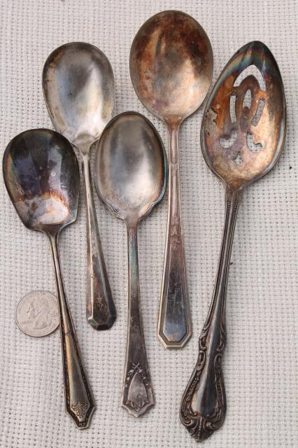 photo of antique & vintage silver plate serving spoons & butter knives, shabby tarnished silverware flatware lot #5