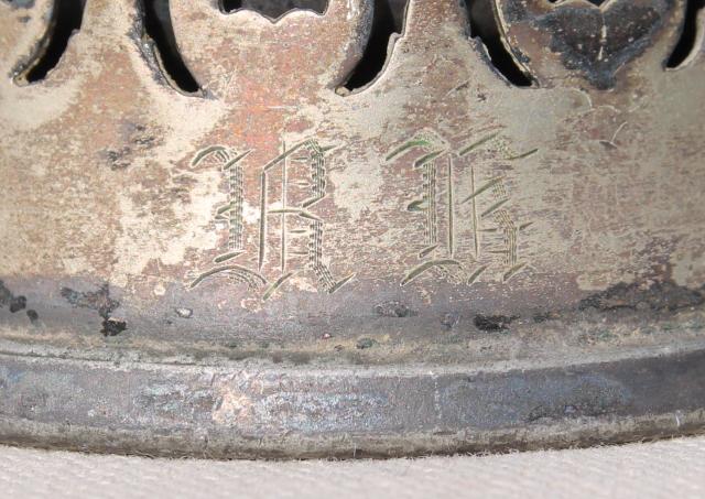 photo of antique vintage silver shaving mug w/ old engraved monogram RR, tarnished silverplate #4