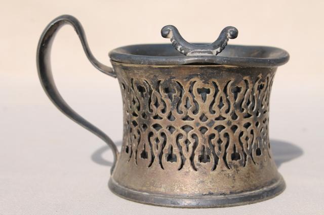 photo of antique vintage silver shaving mug w/ old engraved monogram RR, tarnished silverplate #5