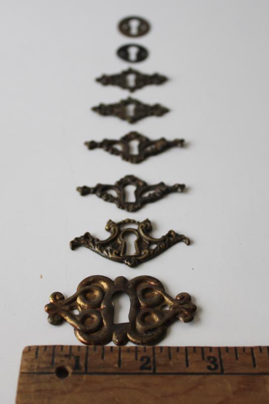 photo of antique vintage solid brass hardware, lot of mixed escutcheons ornate keyholes #2