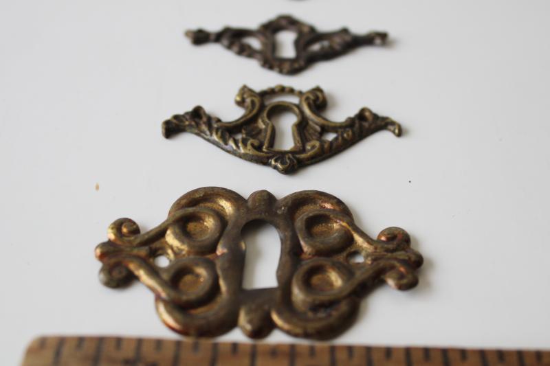 photo of antique vintage solid brass hardware, lot of mixed escutcheons ornate keyholes #3