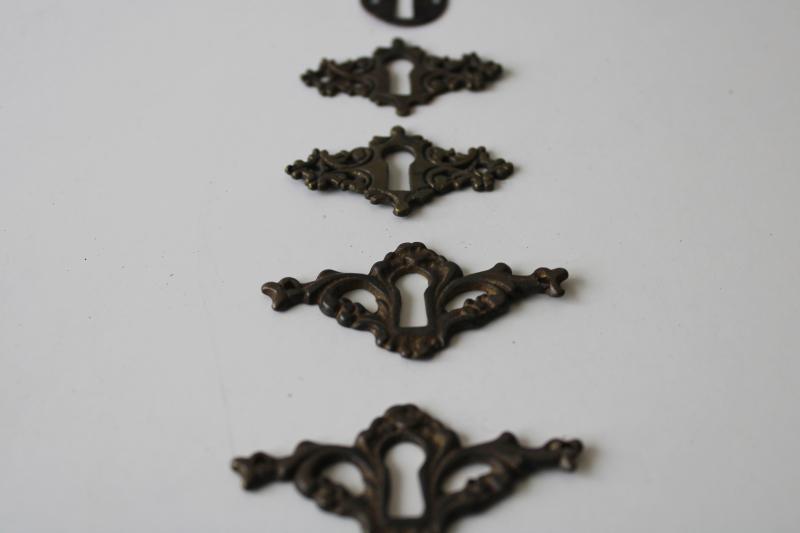 photo of antique vintage solid brass hardware, lot of mixed escutcheons ornate keyholes #4