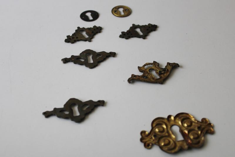 photo of antique vintage solid brass hardware, lot of mixed escutcheons ornate keyholes #6