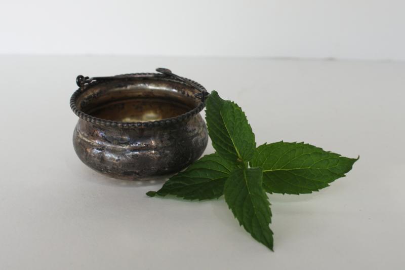 photo of antique vintage sterling silver tea strainer, tiny cauldron shaped basket #1