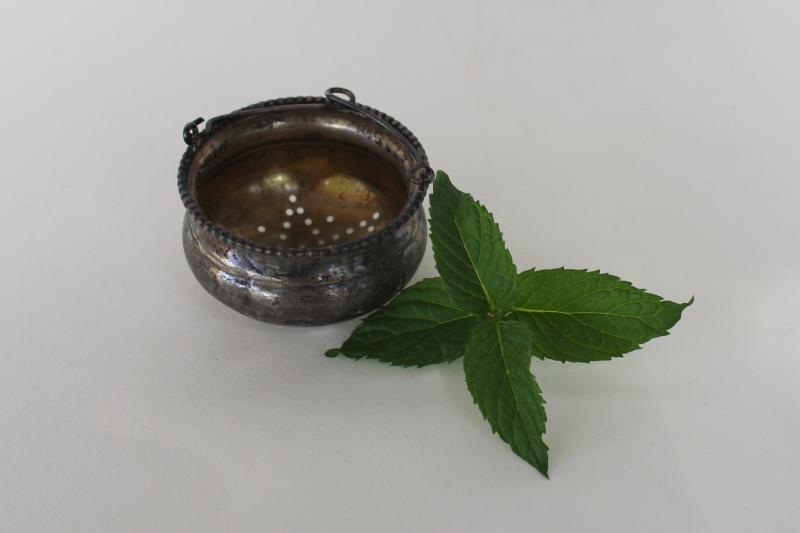 photo of antique vintage sterling silver tea strainer, tiny cauldron shaped basket #2