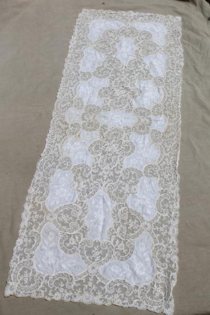 photo of antique vintage tambour embroidered net lace table runner w/ cotton fabric embroidery insets #2