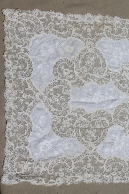 photo of antique vintage tambour embroidered net lace table runner w/ cotton fabric embroidery insets #3