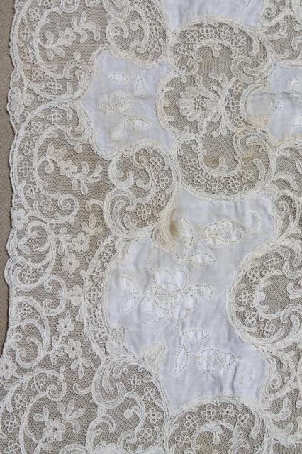 photo of antique vintage tambour embroidered net lace table runner w/ cotton fabric embroidery insets #4