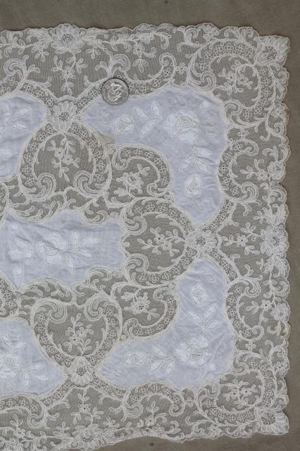 photo of antique vintage tambour embroidered net lace table runner w/ cotton fabric embroidery insets #5