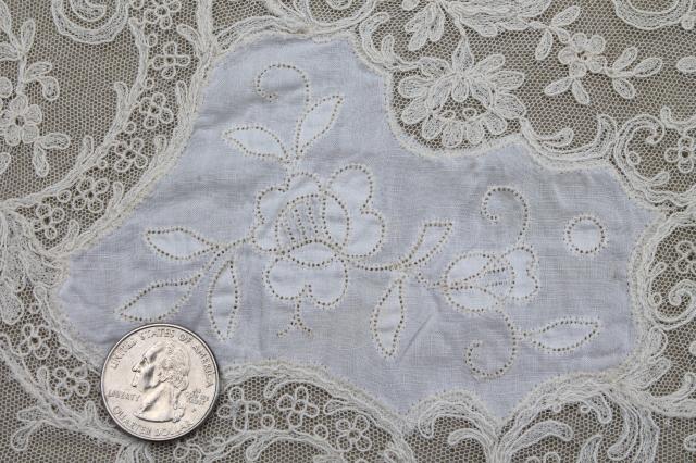 photo of antique vintage tambour embroidered net lace table runner w/ cotton fabric embroidery insets #6