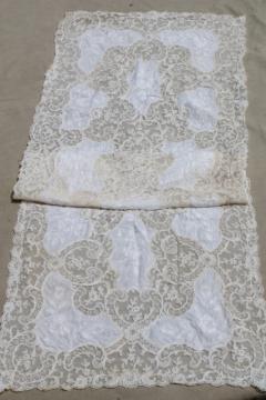 catalog photo of antique vintage tambour embroidered net lace table runner w/ cotton fabric embroidery insets