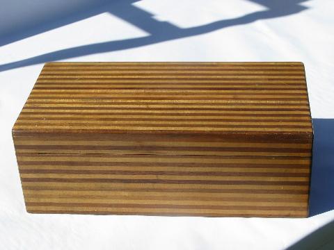 photo of antique vintage tiger striped wood kitchen recipe card file box #1