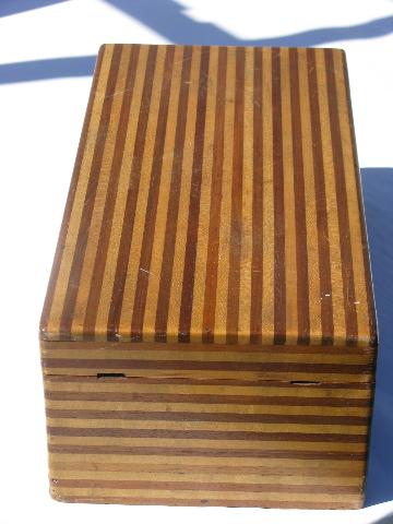 photo of antique vintage tiger striped wood kitchen recipe card file box #2