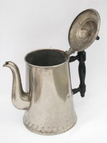 photo of antique vintage tinned solid copper coffee pot or teapot, wood handle #2