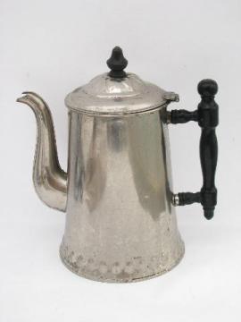 catalog photo of antique vintage tinned solid copper coffee pot or teapot, wood handle