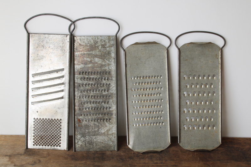 photo of antique vintage tinned steel kitchen graters & shredders lot, Bluffton slaw cutter  #4