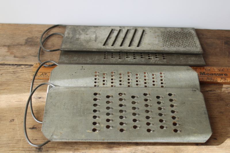 photo of antique vintage tinned steel kitchen graters & shredders lot, Bluffton slaw cutter  #6