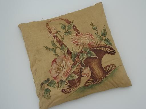 photo of antique vintage tinted embroidery pillow, basket of pink cabbage roses #1