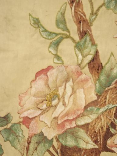 photo of antique vintage tinted embroidery pillow, basket of pink cabbage roses #2