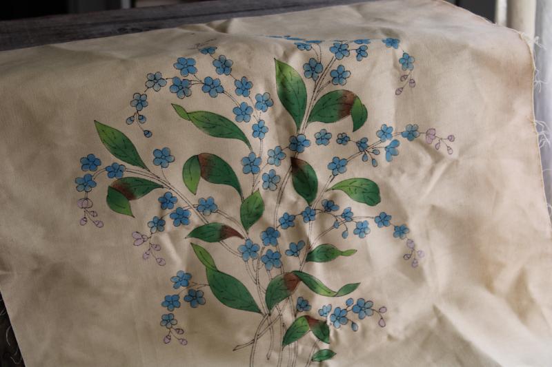 photo of antique vintage tinted embroidery printed painted fabric panel to stitch w/ forget-me-nots #1