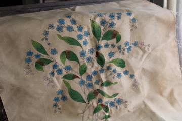 catalog photo of antique vintage tinted embroidery printed painted fabric panel to stitch w/ forget-me-nots