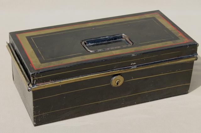 photo of antique vintage tole metal deed / document box, old black & gold toleware lock box #1