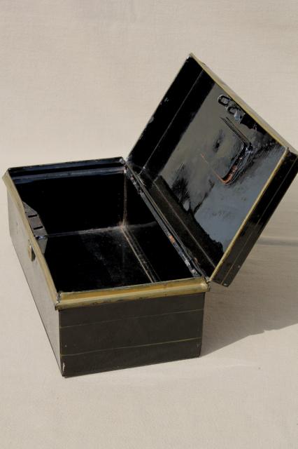 photo of antique vintage tole metal deed / document box, old black & gold toleware lock box #3