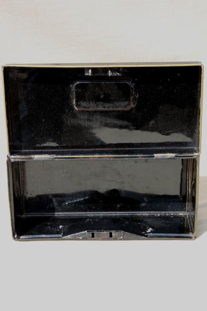 photo of antique vintage tole metal deed / document box, old black & gold toleware lock box #6