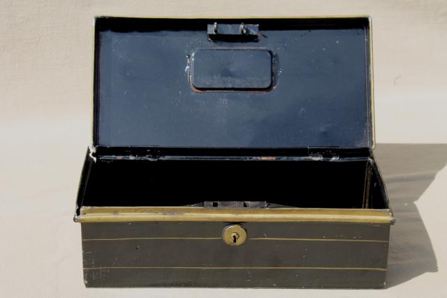 photo of antique vintage tole metal deed / document box, old black & gold toleware lock box #8