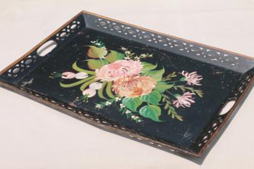 catalog photo of antique vintage toleware serving tray, shabby painted flowers tole tin tray