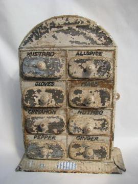 catalog photo of antique vintage toleware spice box, tole metal wall cabinet w/ tiny drawers