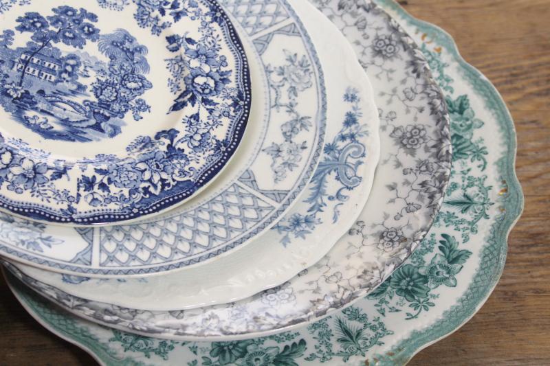 photo of antique & vintage transferware china mismatched plates blue, grey, teal green #1