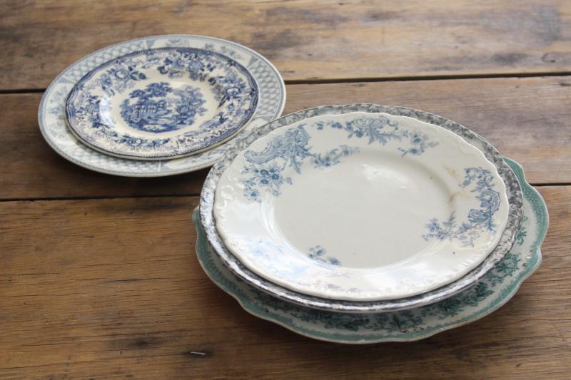 photo of antique & vintage transferware china mismatched plates blue, grey, teal green #11