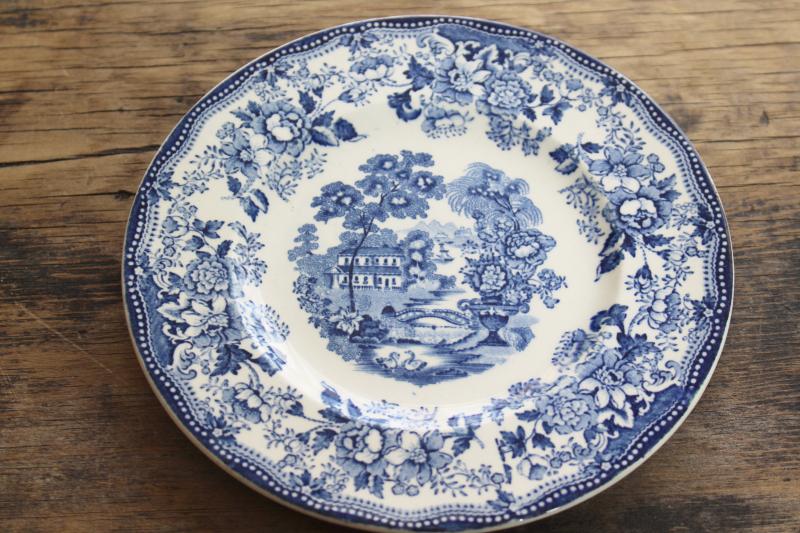 photo of antique & vintage transferware china mismatched plates blue, grey, teal green #13