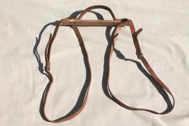 photo of antique vintage traveling bag satchel books or blanket roll carrier, leather handle & straps #3