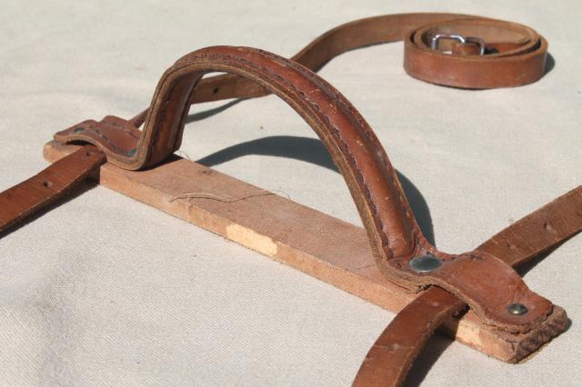 photo of antique vintage traveling bag satchel books or blanket roll carrier, leather handle & straps #5