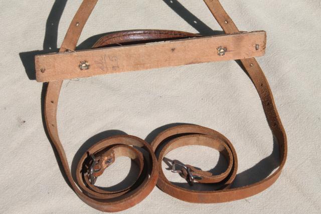 photo of antique vintage traveling bag satchel books or blanket roll carrier, leather handle & straps #7