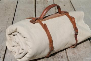 catalog photo of antique vintage traveling bag satchel books or blanket roll carrier, leather handle & straps