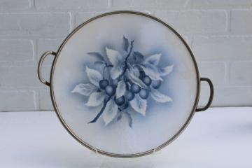 catalog photo of antique vintage tray German silver metal frame w/ blue & white cherries stencil painted ceramic