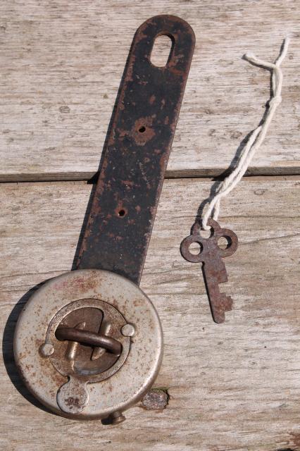 photo of antique vintage trick lock  padlock hasp w/ key puzzle locking hardware #1