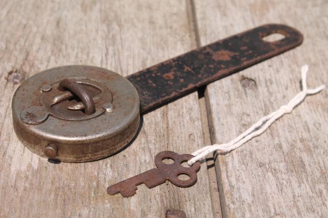 photo of antique vintage trick lock  padlock hasp w/ key puzzle locking hardware #5