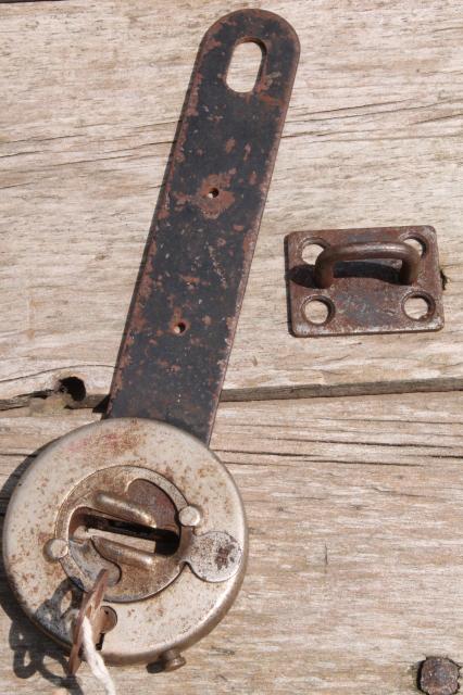 photo of antique vintage trick lock  padlock hasp w/ key puzzle locking hardware #8