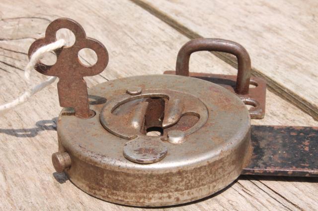 photo of antique vintage trick lock  padlock hasp w/ key puzzle locking hardware #9