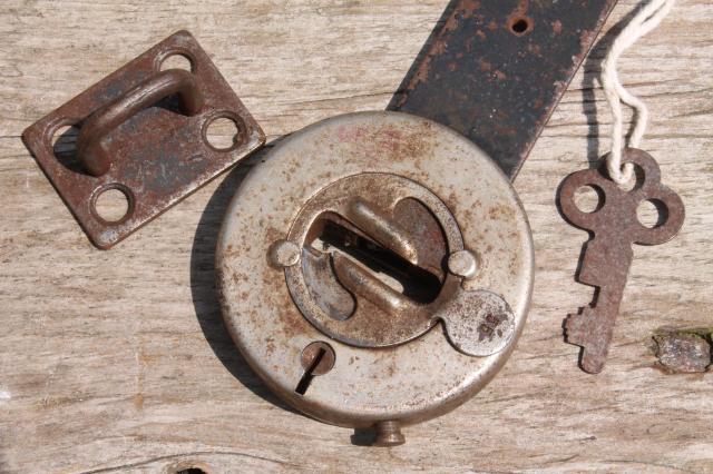 photo of antique vintage trick lock  padlock hasp w/ key puzzle locking hardware #11