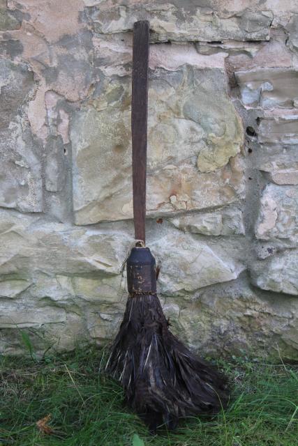 photo of antique vintage turkey feather duster, rustic primitive broom w/ sturdy wood handle #1