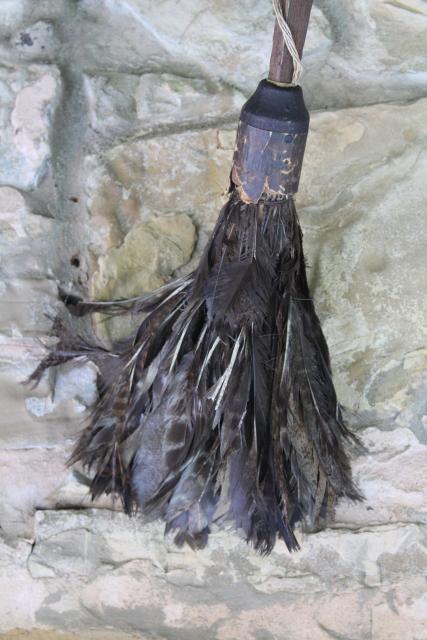 photo of antique vintage turkey feather duster, rustic primitive broom w/ sturdy wood handle #4