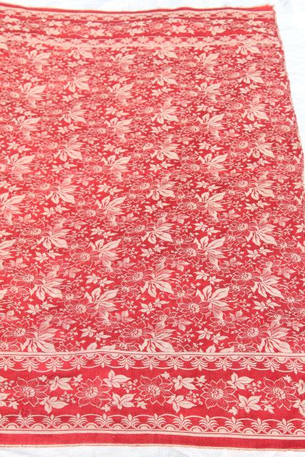 photo of antique vintage turkey red & white cotton damask tablecloth, reversible woven fabric  #2