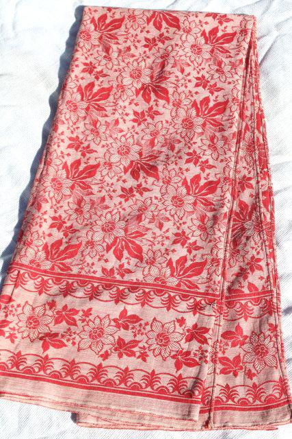 photo of antique vintage turkey red & white cotton damask tablecloth, reversible woven fabric  #3