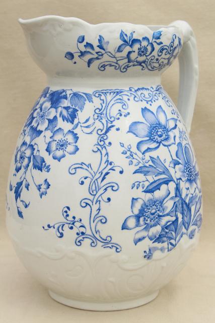 photo of antique vintage wash stand water pitcher, blue & white china transferware floral print #1