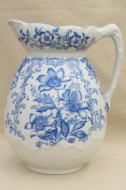 photo of antique vintage wash stand water pitcher, blue & white china transferware floral print #5